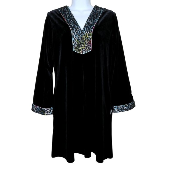 Vintage Oscar De La Renta Pink Label Black Velvet Tunic Top Leopard Print Trim S - Picture 4 of 11